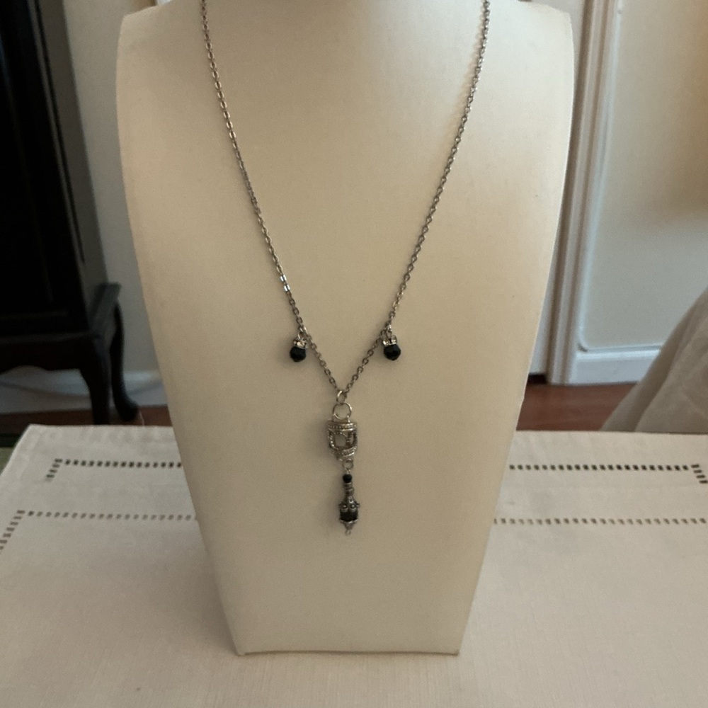 Black Faceted Rhinestone Silver Tone Pendant Necklace
